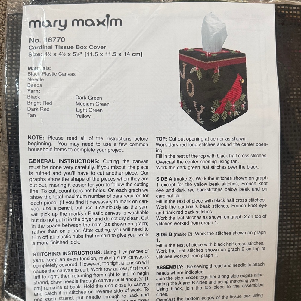 Mary Maxim Cardinal Tissue Box Cover - Black and Red needlepoint kit No 16770